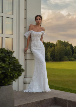 Off Shoulder Ivory Glitter Lace Tulle Stunning Wedding Dress